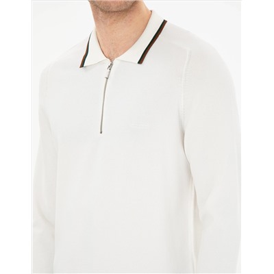 Ekru Slim Fit Zippered polo yaka sipe Смешанный вязаный свитер