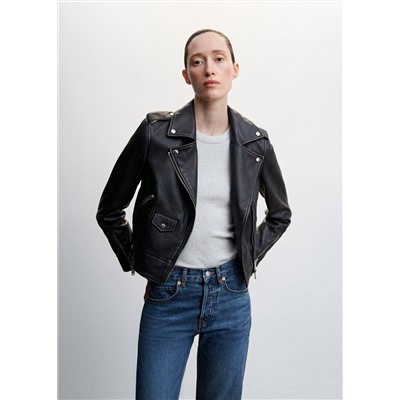 Cazadora piel efecto desgastado -  Mujer | MANGO OUTLET España