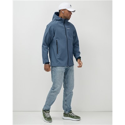 Ветровка спортивная мужская с капюшоном softshell синего цвета 9563S