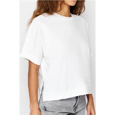 Ecru 100 %Cotton Cut and Slip Подробный негабаритный/повседневная режущая вязаная футболка Twoss24ts00027
