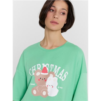 Туника домашняя женская зеленая с принтом "Christmas"