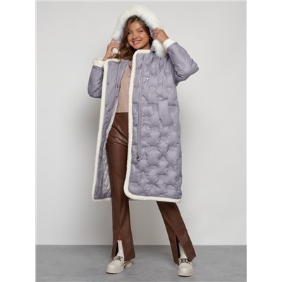 Пальто утепленное с капюшоном зимнее женское серого цвета 132290Sr