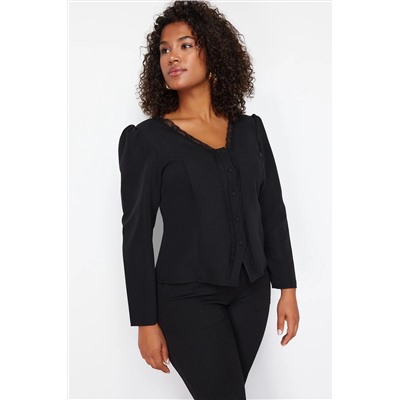 Черное кружево v -neck кнопка большого размера тканая блузка TBBSS24AF00091