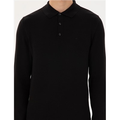 Black Slim Fit Polo yaka Basic Knitwear Kazakh