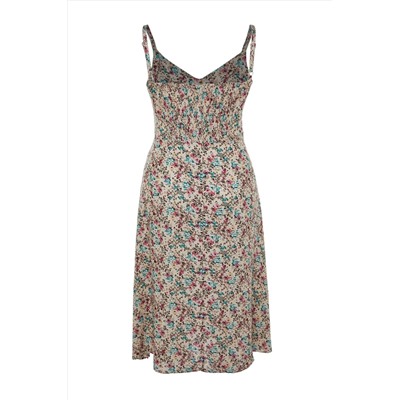 Бежевый цветок v -neck тканый регулируемый ремешок с длинным платьем tbbss22ah0055