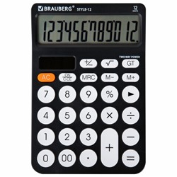 Калькулятор настольный BRAUBERG STYLE-12-BK (157х106 мм), 12 разрядов, двойное питание, ЧЕРНЫЙ, 272965