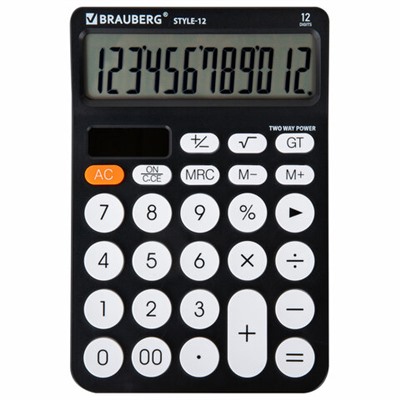 Калькулятор настольный BRAUBERG STYLE-12-BK (157х106 мм), 12 разрядов, двойное питание, ЧЕРНЫЙ, 272965