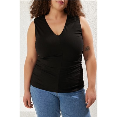 Черный v -v -neck Shirred 100 %хлопковой вяза