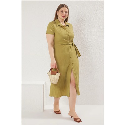 Khaki Gofre Midi Woven Pront Press Press Tbbss25ah00034