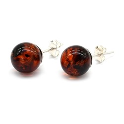Серьги гвоздики из янтаря шарик 10мм цв.коньячный, 1,8г
