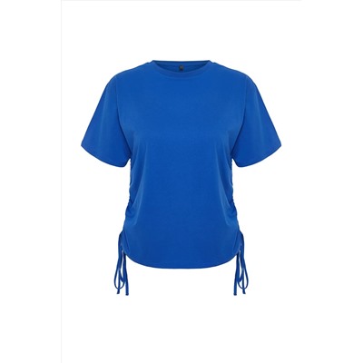 Saks 100 %хлопок обратно отпечатано Shirred негабаритный/широкий нарезанный велосипедный воротник футболка Twoss23ts00150
