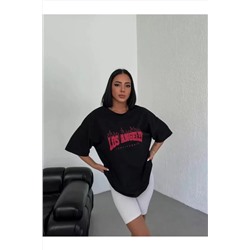 Футболка Oversize с круглым вырезом унисекс с принтом - черная