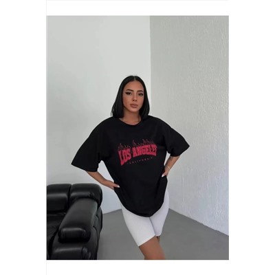Футболка Oversize с круглым вырезом унисекс с принтом - черная
