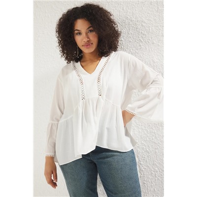 Белый V -neck с длинным рукавом текстурированная пеплюма сплетенная блузка с большим размером TBBSS25AF00042