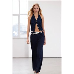 Ограниченная серия Navy Blue Asymmetric Depath Detail Широкая нога/Широкие плетеной брюки Twoss24pl00102