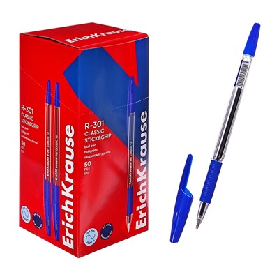 Ручка шариковая ErichKrause R-301 Classic Stick & Grip, узел 1,0 мм, синяя, с резиновым держателем, мягкое и комфортное письмо
