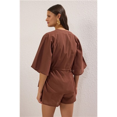 Brown Tealing Palm Elcodery вымпела хлопчатобумажная блузка пляжная команда TBESS25AU00039