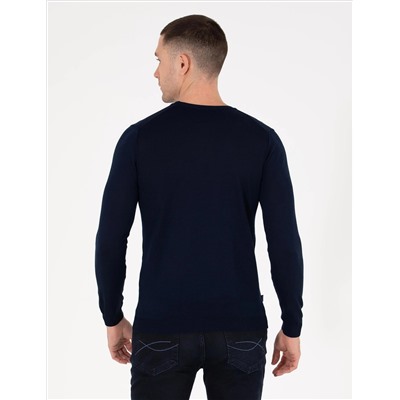 Navy Blue Slim Fit Bike Worke Wool Смешанный базовый вязаный свитер