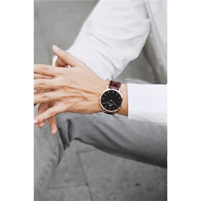 Reloj de cuarzo de piel Classic Bristol - Marrón y rosa dorado