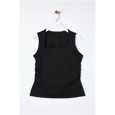 Черный флэш -квадратный вырез Shirred Blouse TBBSS25AF00027