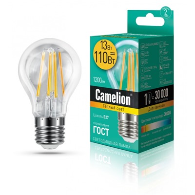 Нарушена упаковка.   Светодиодная лампа E27 13W 3000К (теплый) A60 Camelion  (13716) LED13-A60-FL/830/E27