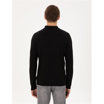 Black Slim Fit Polo yaka Basic Knitwear Kazakh
