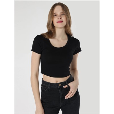Slim Fit круглая воротника плоская женщина черная короткая рука T -For