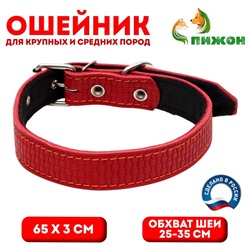 Ошейник кожаный с тиснением на синтепоне, 65 х 3 см, ОШ 40-55 см, красный