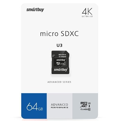 Micro SDHC карта памяти 64ГБ SmartBuy U3 V30 A1 90/55 с адаптером