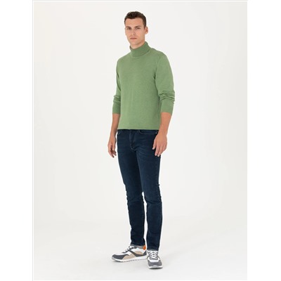 Темно -зеленый меландж Slim Fit Fisherman воротник основной трикотаж казах