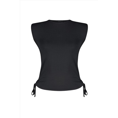 Черные стороны Shirred Homebold вязаная урожая Blought Blouse TBBSS23AF00011