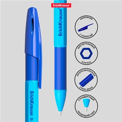 Ручка шариковая ErichKrause R-301 Neon Stick & Grip, узел 1.0 мм, чернила синие, резиновый держатель, длина линии письма 2000 метров, МИКС