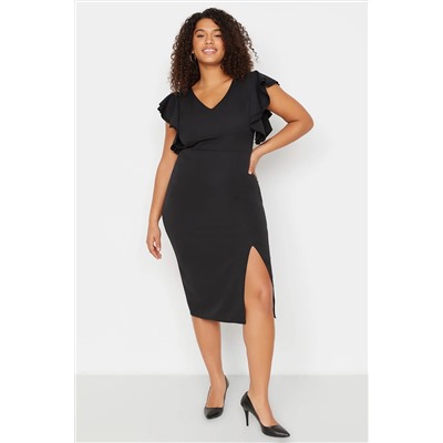 Черное v -neck, сидящее на теле с ткаными руками рюша