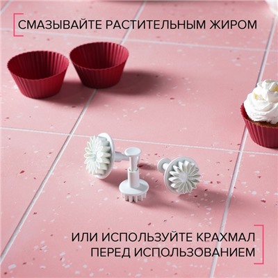 Плунжеры кондитерские «Герберы», набор 3 шт, размеры цветков: 4,3 см, 4,8 см, 5,5 см, пластик, белые