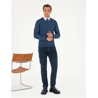 Indigo melanj Slim Fit v Neck Basic вязаный свитер