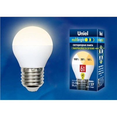 Нарушена упаковка.   Лампа светодиодная шар E27 6W 3000K (Теплый белый свет) Uniel Multibright  (UL-00002377)  LED-G45-6W/WW/E27/FR/MB PLM11WH картон