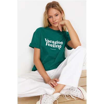 Emerald Green Printed Premium 100 %хлопок расслабленная/повседневная режущая вязаная футболка Twoss24ts00178