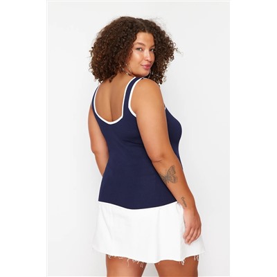 Темно -синяя линия детальная квадратная воротника Bodycon Блузка TBBSS24AF00052