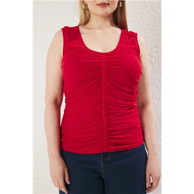 Red v -neck Shirred TULLE вязание блузки большого размера TBBSS25AF00080