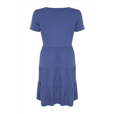 Indigo V -neck Volan вязание платье большого размера TBBSS23AH00030