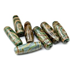 Бусины Дзи "Два глаза" из агата бочонок 10*30мм цв.зеленый, 1 бусина