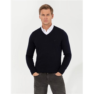 Темно -синий Slim Fit V Шея Основной вязаный свитер