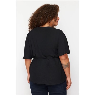 Черная плетеная v -neckline blouse tbbss22bz0753