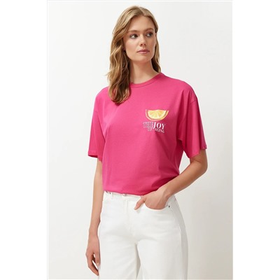 Fuchsia Pink 100 %хлопок обратно и предварительно напечатанный негабаритный/повседневный вязаный вязание футболка Twoss24ts00233