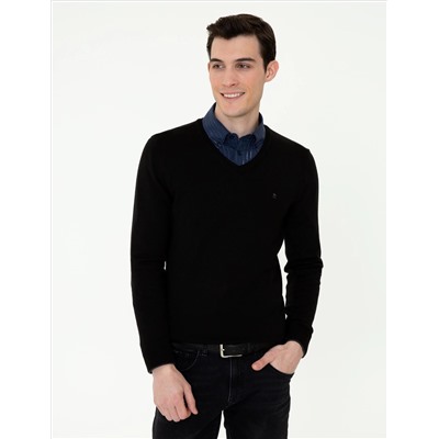 Black Slim Fit v -neck Основной вязаный свитер