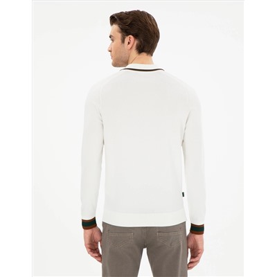 Ekru Slim Fit Zippered polo yaka sipe Смешанный вязаный свитер