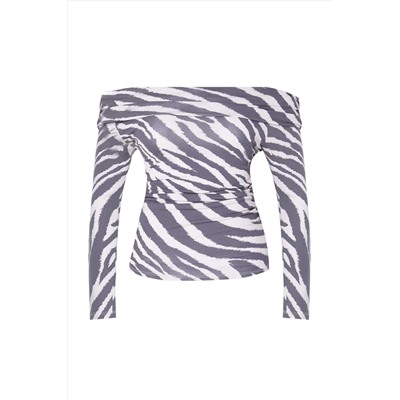 Ecru-Gray с рисунком Carmen воротник Viscose вязание Big Size Blouse TBBAW25AF0002020