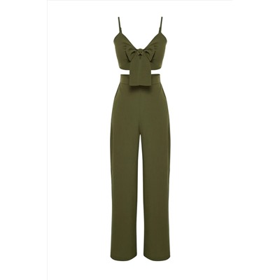 Khaki Plaining Buse Bants Bants Set Tbess22au0108