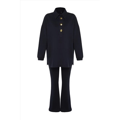 Черный негабаритный Polo Yaka Gold Button подробный вязание STET TCTSS24US00057