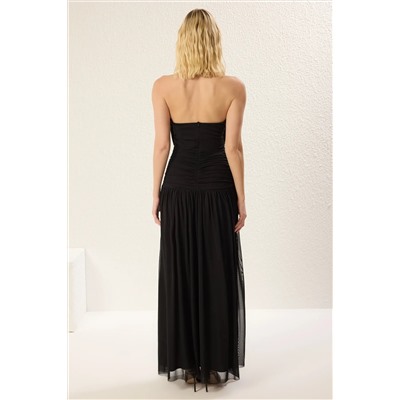 Черное a-kesim Drape подробное вязание Tül Maxi Вечернее платье и выпускное платье tprss25ae00055
